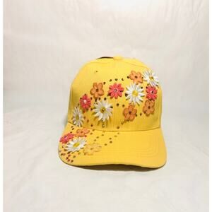 Handcrafted Yellow Floral Rhinestone Bling accented Streetwear Baseball Cap Hat